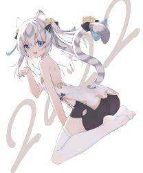 Rule 34 | 1girl, 2022, animal ears, ass, backless outfit, bell, bike shorts, blue eyes, china dress, chinese clothes, chinese zodiac, clothing cutout, dress, full body, grey hair, hair bell, hair ornament, highres, jingle bell, long hair, looking at viewer, no shoes, original, rx7649, seiza, simple background, sitting, sleeveless, sleeveless dress, soles, solo, tail, tail bell, tail ornament, tail through clothes, thighhighs, tiger ears, tiger tail, two side up, white background, white dress, white hair, white thighhighs, year of the tiger
