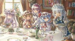 Rule 34 | 6+girls, ^ ^, ahoge, alternate costume, apron, bat wings, blonde hair, blue dress, blue hair, blunt bangs, book, bottle, bow, brooch, cake, carrying, chair, character doll, cirno, clock, closed eyes, commentary request, crescent, crescent hat ornament, crystal, cup, curtains, detached wings, dress, embodiment of scarlet devil, fireplace, flandre scarlet, flower, food, green headwear, green neckwear, hat, hat bow, hat ornament, hat ribbon, head wings, highres, hisako (6anmbblfnjueeff), holding, holding book, holding spoon, holding tray, hong meiling, ice, ice wings, indoors, izayoi sakuya, jewelry, juliet sleeves, koakuma, long hair, long sleeves, maid headdress, mob cap, multiple girls, necktie, open mouth, patchouli knowledge, pink dress, pink neckwear, plant, plate, portrait (object), potted plant, pudding, puffy sleeves, purple hair, red bow, red eyes, red hair, red neckwear, red ribbon, remilia scarlet, ribbon, rose, shirt, shoulder carry, side ponytail, smile, spoon, star (symbol), star hat ornament, sugar cube, table, teacup, tongs, touhou, tray, wall clock, white headwear, white shirt, window, wings, yellow neckwear