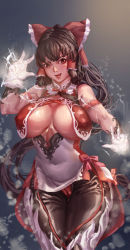 Rule 34 | 1girl, absurdres, black pants, blush, bow, breast curtains, breasts, brown eyes, brown hair, cameltoe, commentary request, cookie (touhou), cowboy shot, d tomoki, dungeon and fighter, fighter (dungeon and fighter), frilled bow, frills, gloves, hair bow, hair tubes, hakurei reimu, highres, kanna (cookie), large breasts, long hair, looking at viewer, open mouth, pants, red bow, shirt, sidelocks, sleeveless, sleeveless shirt, solo, touhou, very long hair, white gloves, white shirt