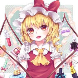 Rule 34 | 1girl, ascot, blonde hair, bottle, bow, cosmetics, drill hair, fangs, flandre scarlet, hat, hat bow, lipstick, lipstick tube, long hair, looking at viewer, makeup, mob cap, open mouth, perfume bottle, puffy short sleeves, puffy sleeves, red bow, red eyes, red lips, short sleeves, smile, solo, touhou, upper body, vest, white hat, wing collar, wings, wrist cuffs, yellow ascot, yuria (kittyluv)