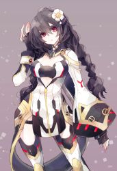 Rule 34 | 1girl, black gloves, black hair, black thighhighs, braid, breasts, closed mouth, contrapposto, dress, fingerless gloves, flower, gloves, grey background, hair flower, hair ornament, hand up, long hair, looking at viewer, medium breasts, numi (sin), pelvic curtain, phantasy star, phantasy star online 2, red eyes, sidelocks, simple background, solo, standing, thigh strap, thighhighs, twin braids, valiant vixen (pso2), white dress, white flower, wide sleeves