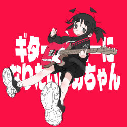 Rule 34 | 1girl, absurdres, album cover, black eyes, black hair, black jacket, black shorts, commentary, cover, electric guitar, english commentary, full body, guitar, highres, holding, holding guitar, holding instrument, instrument, jacket, jean bomjan, long sleeves, looking at viewer, medium hair, music, open mouth, original, playing instrument, red background, shoes, short eyebrows, shorts, simple background, smile, solo, text background, thick eyebrows, translation request