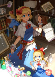 Rule 34 | 1girl, alice margatroid, belt, blonde hair, blue dress, blue eyes, book, bookshelf, bow, candy, capelet, cleaning, cup, doll joints, dress, duster, emerane, food, hair bow, hairband, jar, joints, open mouth, pen, sash, shanghai doll, smile, teacup, touhou, wrist cuffs