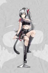 Rule 34 | 1girl, animal ears, animated, animated gif, arknights, belt, black belt, black footwear, black shirt, black skirt, black socks, blinking, boots, breasts, cat ears, cat tail, crop top, full body, grey background, grey hair, hair ornament, hamilundenongdizhe, hand on own chest, kneehighs, live2d, long hair, looking at viewer, medium breasts, midriff, miniskirt, pencil skirt, ponytail, schwarz (arknights), see-through, shirt, short sleeves, sitting, skirt, smile, socks, solo, stomach, tail, thigh strap, thighs, very long hair, wristband, yellow eyes