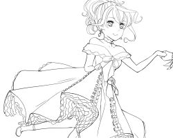 Rule 34 | 10s, 1girl, alisha diphda, bare shoulders, breasts, choker, cleavage, dress, earrings, feathers, flower, frills, gloves, high heels, jewelry, long hair, monochrome, ponytail, ribbon, rose, shoes, smile, sorey (tales), tales of (series), tales of zestiria