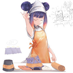 Rule 34 | 1girl, apron, closed eyes, closed mouth, cooking, double bun, hair bun, halo, hand up, highres, hololive, hololive english, kitchen, long hair, long sleeves, meme, multicolored hair, ninomae ina&#039;nis, open mouth, orange apron, pointy ears, purple hair, rope, salt, salt bae (meme), sleeves pushed up, smile, takodachi (ninomae ina&#039;nis), tallgeese (lgeesel), tentacle hair, virtual youtuber, white background, white headwear