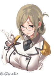Rule 34 | 1girl, breasts, buttons, collared shirt, double-breasted, ebifurya, epaulettes, folded ponytail, glasses, gloves, green eyes, highres, jacket, kantai collection, katori (kancolle), large breasts, light brown hair, lips, looking at viewer, military, military uniform, necktie, parted bangs, rimless eyewear, shirt, smile, twitter username, uniform, upper body, white background, white gloves