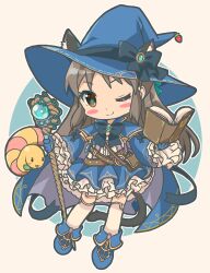 Rule 34 | 1girl, animal ear fluff, animal ears, black bow, black bowtie, blue cape, blue footwear, blue gloves, blue headwear, blue skirt, blush stickers, book, boots, bow, bowtie, brown bag, brown eyes, brown hair, cape, cat ears, detached sleeves, ears through headwear, frilled sleeves, frills, full body, gloves, hat, hat bow, highres, holding, holding book, holding wand, idolmaster, idolmaster cinderella girls, layered skirt, long hair, long sleeves, looking at viewer, michii yuuki, one eye closed, petite, shirt, sidelocks, skirt, smile, snake, star-shaped pupils, star (symbol), symbol-shaped pupils, tachibana arisu, thighhighs, v-shaped eyebrows, wand, white background, white shirt, white thighhighs, witch hat