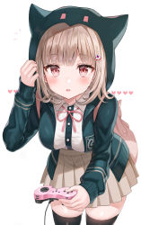 Rule 34 | 1girl, absurdres, animal bag, animal ears, backpack, bag, beige skirt, black jacket, black thighhighs, blunt bangs, blush, breasts, brown hair, brown skirt, cat bag, commentary, commentary request, controller, cowboy shot, danganronpa (series), danganronpa 2: goodbye despair, flipped hair, hair ornament, hairclip, heart, highres, holding, holding controller, hood, hood up, hooded jacket, hoodie, jacket, large breasts, leaning forward, long sleeves, looking at viewer, nanami chiaki, parted lips, pink eyes, pink ribbon, pleated skirt, ribbon, short hair, simple background, skirt, solo, thighhighs, tokkyu, white background, zettai ryouiki