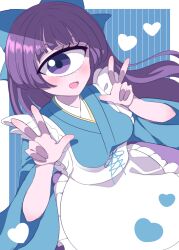 Rule 34 | 1girl, apron, azen (mntimcczgrtn), bow, cyclops, double w, hair bow, heart, highres, japanese clothes, kimono, long hair, looking at viewer, maid, monster girl, one-eyed, open mouth, original, purple eyes, purple hair, smile, solo, w, wa maid