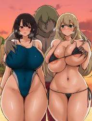 Rule 34 | 1boy, 2girls, atago (kancolle), beach, bikini, black bikini, black hair, blonde hair, blue one-piece swimsuit, blush, bracelet, grabbing another&#039;s breast, breasts, competition swimsuit, dark-skinned male, dark skin, embarrassed, grabbing, grabbing from behind, green eyes, groping, hand grab, highres, holding, interracial, jewelry, kantai collection, large breasts, long hair, medium hair, multiple girls, one-piece swimsuit, pimp, red eyes, ring, smile, sunlight, swimsuit, takao (kancolle), yamaori