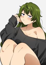 Rule 34 | 1girl, 2024, ahoge, bare legs, black shirt, blush, breasts, cleavage, collarbone, commentary, feet out of frame, female focus, green eyes, grey background, hair between eyes, hand on own cheek, hand on own face, knees together feet apart, long hair, long sleeves, looking at viewer, low-cut, medium breasts, messy hair, oversized clothes, oversized shirt, playing with own hair, pout, purple eyes, sakura 1110ssmm, shirt, simple background, sitting, solo, sousou no frieren, ubel (sousou no frieren), very long hair