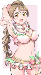 Rule 34 | 10s, 1girl, absurdres, alternate hairstyle, armpits, arms behind back, artist name, artist request, bare shoulders, bikini, bikini skirt, blush, bow, braid, brown eyes, brown hair, detached collar, female focus, hair vines, heart, heart necklace, highres, jewelry, long hair, looking at viewer, love live!, love live! school idol festival, love live! school idol project, minami kotori, nail polish, necklace, plant, ribbon, smile, solo, standing, striped, swimsuit, twin braids, vertical stripes, vines, wewe, white nails, yellow eyes