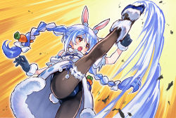 Rule 34 | 1girl, animal ear fluff, animal ears, axe kick, bare shoulders, black gloves, black leotard, black pantyhose, blue hair, bow, braid, bridal garter, carrot, carrot hair ornament, coat, coat dress, commentary request, creature, don-chan (usada pekora), dress, food-themed hair ornament, from below, fur-trimmed coat, fur-trimmed gloves, fur scarf, fur trim, gloves, hair bow, hair ornament, highres, hikimayu, hololive, kicking, leg up, leotard, leotard under clothes, long hair, motion blur, multicolored hair, open mouth, panties, pantyhose, pantyshot, puffy short sleeves, puffy sleeves, rabbit, rabbit-shaped pupils, rabbit ears, rabbit girl, rabbit tail, sakino shingetsu, scarf, short eyebrows, short sleeves, solo, split, standing, standing on one leg, strapless, strapless coat, strapless dress, symbol-shaped pupils, tail, thick eyebrows, twin braids, twintails, two-tone hair, underwear, upskirt, usada pekora, usada pekora (1st costume), virtual youtuber, white coat, white footwear, white hair, white scarf