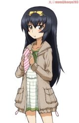 Rule 34 | 1girl, :t, black hair, brown coat, brown eyes, casual, closed mouth, coat, commentary, cowboy shot, dress, food, food on face, frown, girls und panzer, green dress, hair ribbon, holding, holding food, kayabakoro, long hair, looking at viewer, open clothes, open coat, parfait, reizei mako, ribbon, short dress, simple background, solo, standing, white background, yellow ribbon