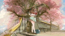 Rule 34 | 1girl, bench, bird, blue bag, blue skirt, book, breasts, brown footwear, brown hair, cherry blossoms, closed mouth, cloud, cloudy sky, commentary request, copyright name, crop top, day, echocalypse, fence, hair between eyes, highres, holding, holding book, large breasts, loafers, long hair, long sleeves, looking at viewer, neckerchief, official art, open book, outdoors, petals, phoenix, puffy long sleeves, puffy sleeves, red neckerchief, second-party source, shirt, shiyu (echocalypse), shoes, sidelocks, skirt, sky, smile, solo, stairs, tamomoko, thighhighs, tree, white shirt, white thighhighs, wide shot, wing hair ornament