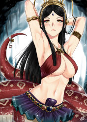 Rule 34 | armpits, arms up, bad id, bad pixiv id, bell, belt, black hair, blush, breasts, crown, fang, goddess nakee, highres, jewelry, lamia, large breasts, long hair, midriff, monster girl, navel, necklace, original, signature, skirt, slit pupils, solo, underboob, xter, yellow eyes