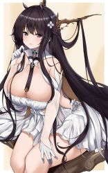 Rule 34 | 1girl, absurdres, arashiki mamizu, azur lane, bare shoulders, black eyes, breasts, cleavage, commentary request, dress, gloves, hair ornament, highres, indomitable (azur lane), large breasts, looking at viewer, sitting, solo, thighs, white dress, white gloves