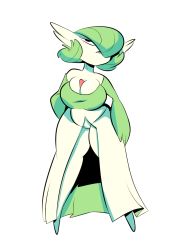 Rule 34 | 1girl, bare shoulders, breasts, cleavage, creatures (company), game freak, gardevoir, gen 3 pokemon, green hair, hair over one eye, hand on own hip, herny, hernyed, highres, large breasts, legs apart, looking up, nintendo, open mouth, plump, pokemon, pokemon (creature), pokemon rse, short hair, simple background, solo, standing, teeth, white background, wide hips