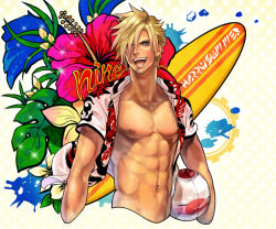 Rule 34 | 1boy, abs, ball, blonde hair, blue eyes, character name, final fantasy, final fantasy type-0, flower, hair between eyes, hair over one eye, male focus, moogle, muscular, navel, nine (fft-0), nipples, open clothes, open shirt, pectorals, scar, shirt, smile, solo, sparkle, square enix, starman hal, surfboard, text focus, veins