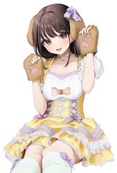 Rule 34 | 1girl, animal ears, animal hands, bow, breasts, brown eyes, brown hair, buttons, choker, cleavage, cleavage cutout, clothing cutout, cropped legs, cross-laced clothes, dog ears, dog paws, dress, fake animal ears, frilled dress, frills, highres, kneehighs, looking at viewer, medium breasts, namagome negi, open mouth, original, photo-referenced, pink nails, puffy sleeves, purple bow, short sleeves, sitting, socks, white background, white choker, white socks, yellow dress