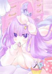 Rule 34 | 1girl, breasts, cake, eating, food, highres, large breasts, long hair, looking at viewer, lying, nipples, no headwear, no headwear, on stomach, patchouli knowledge, purple eyes, purple hair, shiromomo, solo, stuffed animal, stuffed toy, teddy bear, touhou