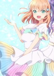 Rule 34 | 2girls, ariria (nanayuri), blue background, dress, feathers, frilled dress, frills, green eyes, hair ornament, hand up, highres, hinoshita kaho, link! like! love live!, long hair, looking at viewer, love live!, medium hair, multiple girls, open mouth, orange hair, purple hair, rabbit hair ornament, rainbow gradient, smile, white dress, white feathers