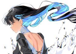 Rule 34 | 1girl, backless dress, backless outfit, black hair, blue eyes, blue hair, colored inner hair, dress, earrings, expressionless, from behind, hair ornament, highres, jewelry, long hair, multicolored hair, punishing: gray raven, selena (punishing: gray raven), simple background, solo, water, wavy hair, white background, yongsadragon