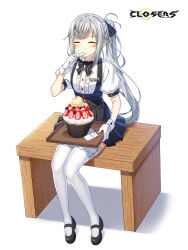 Rule 34 | 1girl, badge, black bow, black bowtie, black footwear, black skirt, blush stickers, bow, bowl, bowtie, breasts, center frills, closed eyes, closers, collared shirt, copyright name, eating, food, food on face, frills, fruit, full body, gloves, grey hair, hair bow, hand up, high-waist skirt, highres, holding, holding spoon, holding tray, ice cream, knees together feet apart, lace, lace-trimmed thighhighs, logo, long hair, mary janes, miniskirt, official art, on bench, paper, pleated skirt, ponytail, puffy short sleeves, puffy sleeves, shirt, shoes, short sleeves, sidelocks, single scoop, sitting, skirt, small breasts, solo, spoon, strawberry, strawberry slice, suspender skirt, suspenders, tachi-e, thighhighs, tina (closers), tray, underbust, utensil in mouth, very long hair, waitress, white background, white gloves, white shirt, white thighhighs, zettai ryouiki