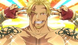 Rule 34 | 1boy, aion kiu, beard, beowulf (fate), blonde hair, double v, emotional engine - full drive, facial hair, fate/grand order, fate (series), gloves, hands up, large pectorals, long sleeves, looking at viewer, male focus, muscular, open mouth, parody, pectorals, red eyes, scar, smile, solo, sparkle, star (symbol), tattoo, topless male, v