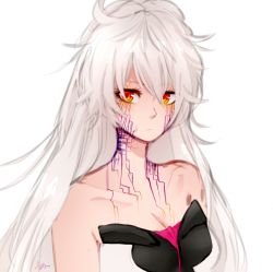 Rule 34 | 1girl, bare shoulders, breasts, cloud ya, commentary, english commentary, expressionless, hair between eyes, hair down, hair ornament, honkai (series), honkai impact 3rd, kiana kaslana, kiana kaslana (herrscher of the void), long hair, looking at viewer, medium breasts, portrait, solo, unworn hair ornament, upper body, white hair, yellow eyes