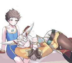 Rule 34 | 1boy, 1girl, :3, age difference, animal ear fluff, animal ears, brown gloves, cat ears, chest jewel, ear covers, gloves, juneplums, lap pillow, light blush, nia (xenoblade), onee-shota, pantyhose, rex (xenoblade), rubbing ears, shorts, smile, tank top, very long ears, xenoblade chronicles (series), xenoblade chronicles 2, xenoblade chronicles 3