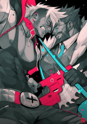 Rule 34 | 2boys, absolum art, absurdres, annoyed, bara, bare pectorals, beard, belt, black hair, black tank top, blue eyes, character request, collaboration, covered abs, eye contact, facial hair, fighting stance, formal, glasses, gloves, glowing, glowing eyes, highres, large pectorals, limited palette, looking at another, male focus, manly, multiple boys, multiple monochrome, muscular, na insoo, necktie, nipple slip, nipples, pants, pectorals, red eyes, short hair, smile, smirk, tank top