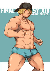 Rule 34 | 10s, 1boy, bandana, blonde hair, bulge, final fantasy, final fantasy xiii, male focus, muscular, nipples, simple background, snow villiers, solo, text focus, topless male, underwear