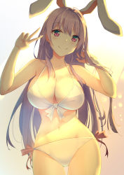 Rule 34 | absurdres, animal ears, bikini, breasts, cleavage, diving penguin, front-tie bikini top, front-tie top, halterneck, highres, large breasts, light purple hair, long hair, looking at viewer, navel, rabbit ears, reisen udongein inaba, side-tie bikini bottom, solo, sunset, swimsuit, thighs, touhou, v, white bikini