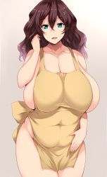 Rule 34 | 1girl, apron, bare shoulders, blue eyes, breasts, brown hair, cleavage, collarbone, commentary request, covered navel, cowboy shot, curvy, gegege no kitarou, hair between eyes, hair ornament, highres, hip focus, huge breasts, inuyama junko, large breasts, long hair, looking at viewer, mature female, mole, mole under mouth, multicolored hair, naked apron, open mouth, parted lips, pink hair, plump, sideboob, sidelocks, smile, solo, standing, streaked hair, thighs, tsukasawa takamatsu, two-tone hair, x hair ornament, yellow apron