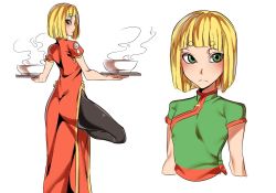 Rule 34 | 1girl, alternate costume, arms (game), ass, bare shoulders, blonde hair, blush, china dress, chinese clothes, dress, geroro44, green eyes, humanization, looking at viewer, mask, unworn mask, min min (arms), pantyhose, pelvic curtain, short hair, side slit, solo