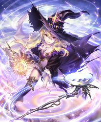 Rule 34 | 10s, 1girl, artist request, blonde hair, boots, cloud, cloudy sky, cygames, dagger, dorothy (shingeki no bahamut), hat, jewelry, knife, long hair, magic, necklace, official art, red eyes, revealing clothes, shadowverse, shingeki no bahamut, sky, smile, staff, thighhighs, weapon, witch hat