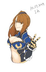 Rule 34 | 1girl, black gloves, breasts, brown eyes, brown hair, character request, cleavage, cleavage cutout, closed mouth, clothing cutout, cropped torso, dated, dyun, gloves, granblue fantasy, highres, large breasts, looking at viewer, one-hour drawing challenge, side ponytail, signature, simple background, smile, solo, upper body, v, white background