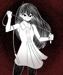 Rule 34 | 1girl, absurdres, cabronpr, collared dress, commentary, dress, expressionless, greyscale with colored background, highres, holding jump rope, jump rope, long hair, mari (omori), omori, pantyhose, red background, short dress, sleeveless, sleeveless dress, solo, symbol-only commentary