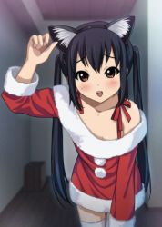 Rule 34 | 00s, 1girl, :d, animal ears, black hair, blush, brown eyes, cat ears, downblouse, hairband, highres, k-on!, leaning forward, long hair, looking at viewer, nakano azusa, off shoulder, open mouth, round teeth, ryunnu, santa costume, smile, solo, teeth, thighhighs, twintails, very long hair, white thighhighs, zettai ryouiki