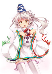 Rule 34 | 1girl, collar, detached sleeves, female focus, hat, japanese clothes, kariginu, mononobe no futo, silver hair, solo, thighhighs, touhou, white background, white thighhighs, windart, yellow eyes