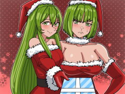 Rule 34 | 2girls, bare shoulders, black sash, bob cut, breasts, cleavage, closed mouth, collarbone, commentary, dithorba (fire emblem), dress, english commentary, erinys (fire emblem), fire emblem, fire emblem: genealogy of the holy war, frown, fur-trimmed headwear, fur-trimmed sleeves, fur trim, giving, gloves, green eyes, green hair, hair between eyes, hat, large breasts, long hair, long sleeves, looking at viewer, mnejing30, multiple girls, nintendo, off-shoulder dress, off shoulder, outline, polka dot, polka dot background, red background, red gloves, red headwear, santa costume, santa hat, sash, short hair, smile, snowflakes, split mouth, very long hair, white outline