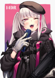 Rule 34 | 1girl, absurdres, backpack, bag, beret, black gloves, blue eyes, blush, breasts, cellphone, girls&#039; frontline, gloves, grey hair, hat, heterochromia, highres, kyo, long hair, looking at viewer, mdr (girls&#039; frontline), multicolored hair, one side up, open mouth, phone, pink eyes, pink hair, side ponytail, sidelocks, smile, solo, streaked hair, tactical clothes