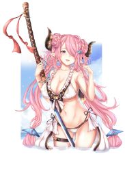 Rule 34 | 1girl, bikini, blue eyes, blush, braid, breasts, chicami, cloud, collarbone, day, double bun, draph, earrings, frilled bikini, frills, gluteal fold, granblue fantasy, groin, twirling hair, head tilt, highres, holding, holding sword, holding weapon, horns, jewelry, katana, large breasts, long hair, looking at viewer, narmaya (granblue fantasy), narmaya (summer) (granblue fantasy), navel, outdoors, parted lips, pink hair, pointy ears, sky, smile, solo, standing, star (symbol), star earrings, swimsuit, sword, thigh strap, transparent background, twintails, very long hair, water, weapon, white bikini