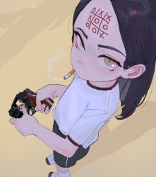 Rule 34 | 1girl, absurdres, black hair, black shorts, cigarette, commentary, english commentary, forehead writing, from above, full body, green eyes, gun, gym shirt, handgun, highres, holding, holding gun, holding weapon, medium hair, original, parted bangs, polilla, red shirt, reloading, revolver, shirt, shorts, simple background, smoke, smoking, snubnosed revolver, socks, solo, standing, tic-tac-toe, weapon, white shirt, yellow background