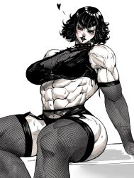 Rule 34 | 1509virgoart, 1girl, abs, bare shoulders, black hair, blush, breasts, collar, curly hair, detached sleeves, fishnets, large breasts, looking down, mole, mole on breast, muscular, muscular female, navel piercing, nose piercing, original, pale skin, piercing, red eyes, sitting, smile, spiked collar, spikes, sweat, torn clothes, veins, white background