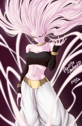 Rule 34 | 1girl, absurdres, android 21, android 21 (cosplay), arm at side, baggy pants, bandeau, bangle, bare shoulders, black sclera, bracelet, breasts, character name, choker, cleavage, closed mouth, collarbone, colored sclera, colored skin, cosplay, crop top, crossover, detached sleeves, dragon ball, dragon ball fighterz, earrings, floating hair, glasses, hand up, highres, hoop earrings, jewelry, long hair, long sleeves, looking at viewer, majin android 21, medium breasts, midriff, navel, neck ring, one-punch man, pants, pink hair, pink skin, psychos (one-punch man), purple background, ribs, simple background, smile, solo, strapless, tube top, twitter username, v-shaped eyebrows, very long hair, wavy hair, white eyes, white pants, windiwindo