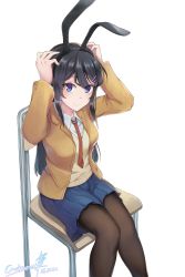 Rule 34 | 10s, 1girl, animal ears, arms up, black hair, black pantyhose, blue eyes, blue skirt, blush, brown jacket, cathamos, chair, collared shirt, dated, fake animal ears, from above, from side, hair ornament, hairclip, highres, jacket, long hair, long sleeves, looking at viewer, looking to the side, looking up, necktie, pantyhose, pleated skirt, rabbit ears, red necktie, sakurajima mai, school chair, school uniform, seishun buta yarou, shirt, signature, sitting, skirt, solo, sweater vest, white shirt, wing collar