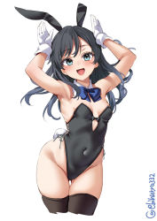 Rule 34 | 1girl, animal ears, arms up, asashio (kancolle), black hair, black leotard, black thighhighs, blue bow, blue eyes, bow, bowtie, breasts, caramelldansen, covered navel, cowboy shot, cropped legs, detached collar, ebifurya, fake animal ears, fake tail, gloves, highleg, highleg leotard, highres, kantai collection, leotard, looking at viewer, medium breasts, one-hour drawing challenge, playboy bunny, rabbit ears, rabbit pose, rabbit tail, side-tie leotard, simple background, small breasts, solo, strapless, strapless leotard, tail, thigh gap, thighhighs, thighs, twitter username, white background, white gloves